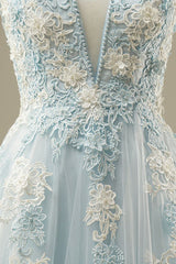 Light Blue A-Line Spaghetti Strap Tulle Beading Long Prom Dress Sweet Embroidery Applique Graduation Prom Dress Evening Dress ED01617