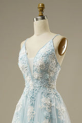Light Blue A-Line Spaghetti Strap Tulle Beading Long Prom Dress Sweet Embroidery Applique Graduation Prom Dress Evening Dress ED01617