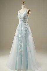 Light Blue A-Line Spaghetti Strap Tulle Beading Long Prom Dress Sweet Embroidery Applique Graduation Prom Dress Evening Dress ED01617