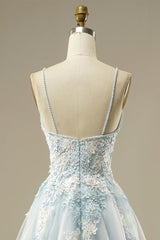 Light Blue A-Line Spaghetti Strap Tulle Beading Long Prom Dress Sweet Embroidery Applique Graduation Prom Dress Evening Dress ED01617