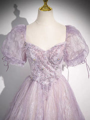 Sweet Lilac A-Line Sweetheart Tulle Beaded Long Prom Dress Puffy Sleeves Graduation Dress ED01619
