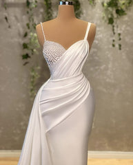Elegant White Mermaid Sweetheart Satin Beaded Long Prom Dress Formal Spaghetti Strap Evening Gown ED01620