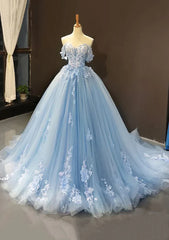 A-Line Off-the-Shoulder Sweetheart Sweep Train Tulle Prom Dress, Sky Blue Applique Wedding Dress ED01621
