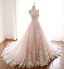 Pink A Line Spaghetti Strap Tulle Beaded Long Prom Dress Sweet Applique Wedding Dress ED01622