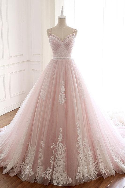 Pink A Line Spaghetti Strap Tulle Beaded Long Prom Dress Sweet Applique Wedding Dress ED01622