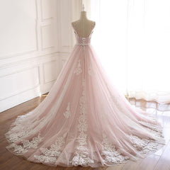 Pink A Line Spaghetti Strap Tulle Beaded Long Prom Dress Sweet Applique Wedding Dress ED01622