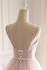 Pink A Line Spaghetti Strap Tulle Beaded Long Prom Dress Sweet Applique Wedding Dress ED01622