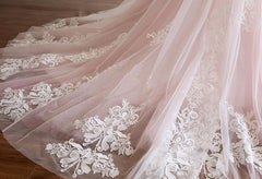 Pink A Line Spaghetti Strap Tulle Beaded Long Prom Dress Sweet Applique Wedding Dress ED01622