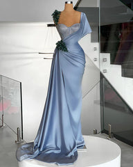 Blue Mermaid Sweetheart Satin Long Prom Dress Beaded One Shoulder Formal Evening Dress ED01623