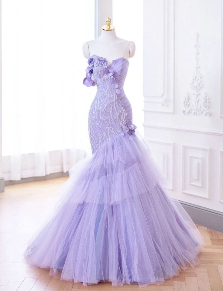 Purple Mermaid Sweetheart Neck Tulle Beaded Long Prom Dress Strapless Sequin Applique Wedding Dress ED01625