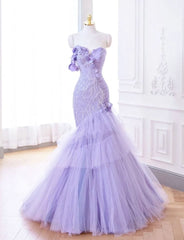 Purple Mermaid Sweetheart Neck Tulle Beaded Long Prom Dress Strapless Sequin Applique Wedding Dress ED01625