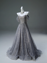 A-Line Spaghetti Strap Mesh Sequin Long Prom Dress Graduation Prom Adult Ceremony Dress ED01626