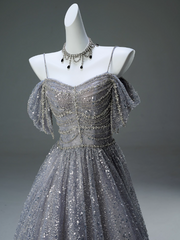 A-Line Spaghetti Strap Mesh Sequin Long Prom Dress Graduation Prom Adult Ceremony Dress ED01626