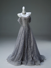 A-Line Spaghetti Strap Mesh Sequin Long Prom Dress Graduation Prom Adult Ceremony Dress ED01626