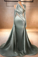 Charming Mermaid Irregular Collar Satin Rhinestone Halter Ruffled Long Prom Dress Formal Evening Gown ED01629
