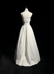 A-Line Spaghetti Strap Beaded Satin Long Prom Dress White Wedding Dress Graduation Prom Dress ED01630