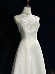 A-Line Spaghetti Strap Beaded Satin Long Prom Dress White Wedding Dress Graduation Prom Dress ED01630