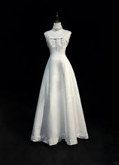 A-Line Spaghetti Strap Beaded Satin Long Prom Dress White Wedding Dress Graduation Prom Dress ED01630
