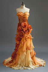 Gradient Orange Mermaid Sweetheart Neck Beaded Long Prom Dress Layered Lace Applique Wedding Dress Evening DressED01634