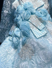 Sky Blue Mermaid Spaghetti Straps Organza Diamond Long Prom Dress Lace Floral Evening Gown ED01638