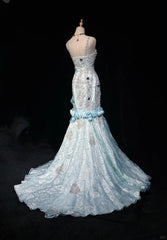Sky Blue Mermaid Spaghetti Straps Organza Diamond Long Prom Dress Lace Floral Evening Gown ED01638