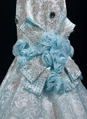 Sky Blue Mermaid Spaghetti Straps Organza Diamond Long Prom Dress Lace Floral Evening Gown ED01638