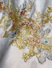 White A-Line Strapless Satin Sequins Long Prom Dress Embroidered Applique Wedding Dress ED01639