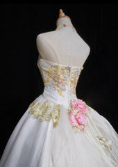White A-Line Strapless Satin Sequins Long Prom Dress Embroidered Applique Wedding Dress ED01639