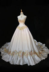 White A-Line Strapless Satin Sequins Long Prom Dress Embroidered Applique Wedding Dress ED01639