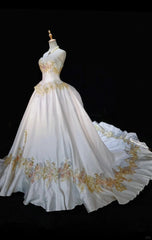 White A-Line Strapless Satin Sequins Long Prom Dress Embroidered Applique Wedding Dress ED01639
