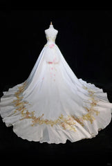 White A-Line Strapless Satin Sequins Long Prom Dress Embroidered Applique Wedding Dress ED01639