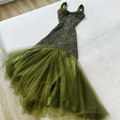 Dark Green Merimaid Spaghetti Strap Tulle Beaded Long Prom Dress Birthday Graduation Prom Dress ED01647