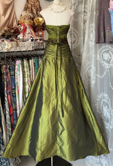 Vintage Mermaid Strapless Olive Green Satin Tulle Long Prom Dress Sequin Beaded Evening Dress ED01648