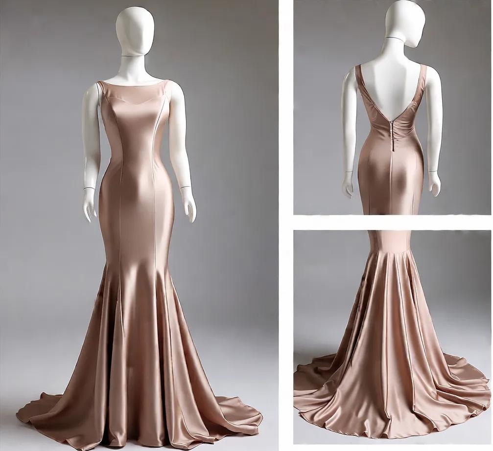 Deep Champagne Mermaid Simple Satin Long Prom Dress Backless Evening Gown ED01649
