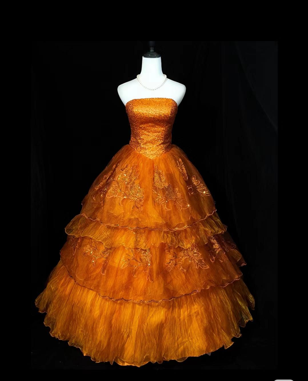 Retro Orange A-Line Strapless Tulle Sequin Long Prom Dress Gorgeous Wedding Dress ED01650