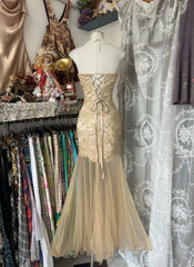 Yellow Mermaid Strapless Sweetheart Tulle Beaded Applique Long Prom Dress ED01651