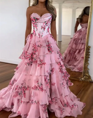 Sweetheart A-Line Chiffon Floral Print Ruffle Long Prom Dress with Slit ED01652