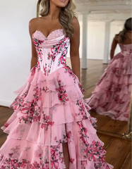 Sweetheart A-Line Chiffon Floral Print Ruffle Long Prom Dress with Slit ED01652
