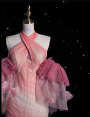 Pink Mermaid Halter Neck Tulle Long Prom Dress Sweet 16 Dress ED01653