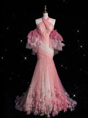 Pink Mermaid Halter Neck Tulle Long Prom Dress Sweet 16 Dress ED01653