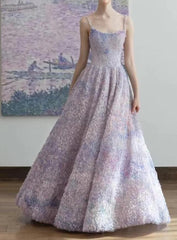 A-Line Spaghetti Strap Tulle Applique Long Prom Dress Adult Ceremony Birthday Dress ED01654