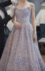 A-Line Spaghetti Strap Tulle Applique Long Prom Dress Adult Ceremony Birthday Dress ED01654