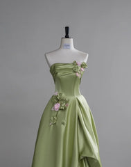 Beautiful Green A-Line Strapless Satin Applique Long Wedding Dress Cute Birthday Prom Dress ED01655
