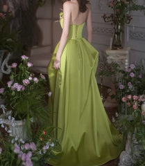 Beautiful Green A-Line Strapless Satin Applique Long Wedding Dress Cute Birthday Prom Dress ED01655