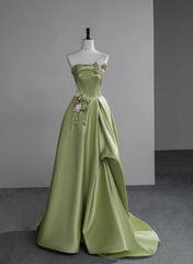 Beautiful Green A-Line Strapless Satin Applique Long Wedding Dress Cute Birthday Prom Dress ED01655