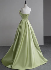 Beautiful Green A-Line Strapless Satin Applique Long Wedding Dress Cute Birthday Prom Dress ED01655