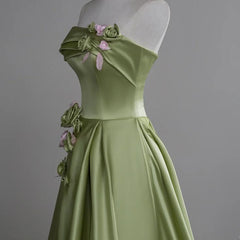 Beautiful Green A-Line Strapless Satin Applique Long Wedding Dress Cute Birthday Prom Dress ED01655