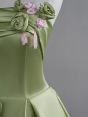 Beautiful Green A-Line Strapless Satin Applique Long Wedding Dress Cute Birthday Prom Dress ED01655