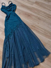 Teal Spaghetti Strap Chiffon Beaded Appliqué Long Prom Dress Evening Dress ED01656