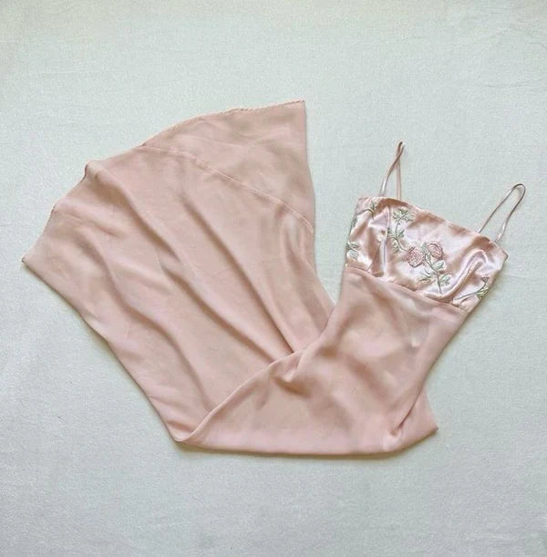 Sweet Pink Spaghetti Strap Chiffon Embroidered Applique Long Prom Dress Party Dress ED01657